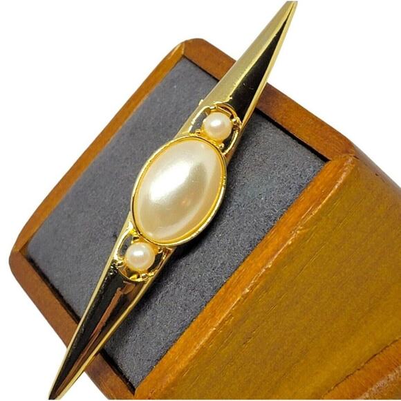 Vintage Brooch Acrylic Imitation Pearl 3" Gold Tone Statement Costume Jewelry - Picture 2 of 5